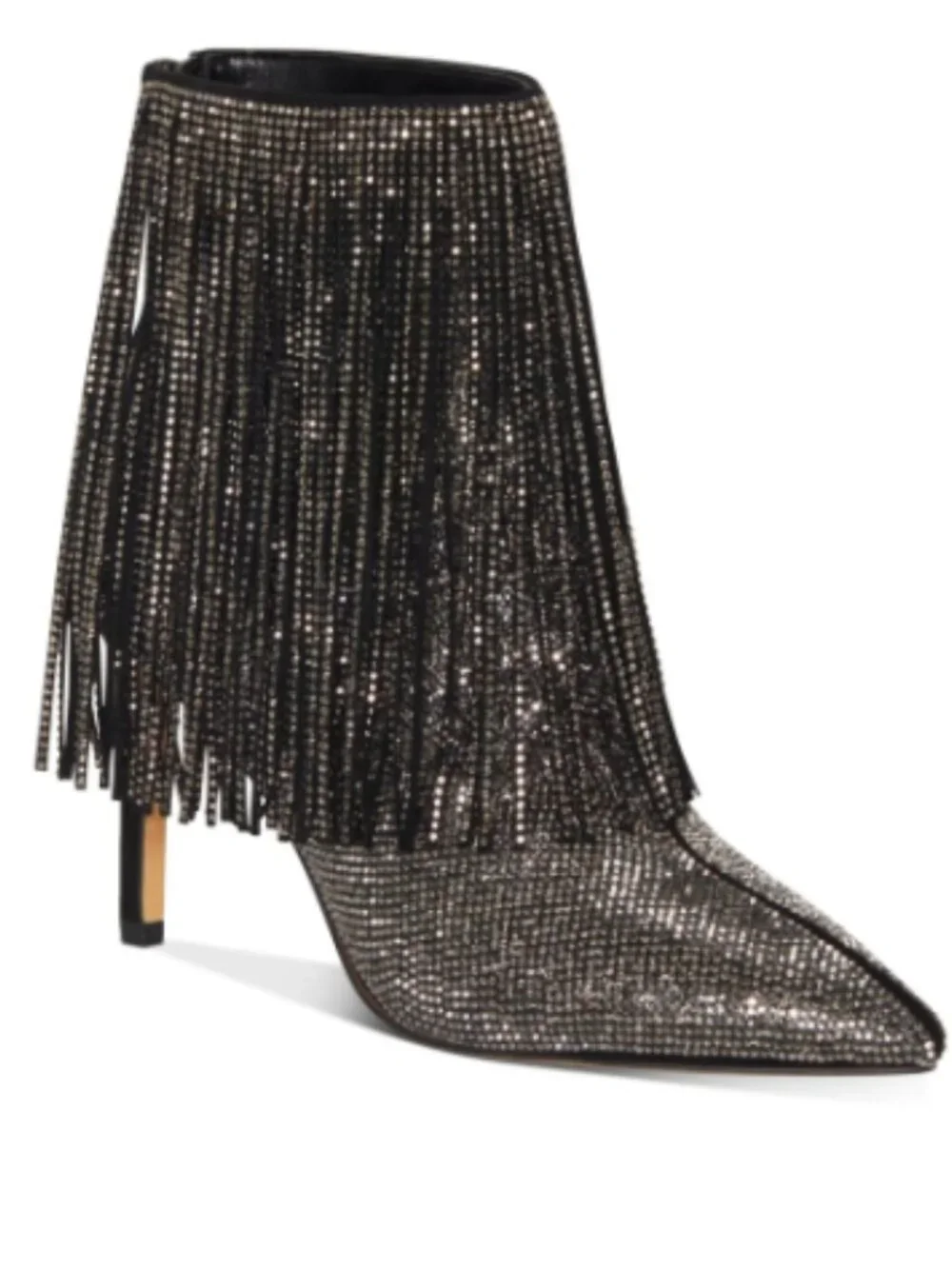 INC Pewter/Black Rhinestone Fringed Ismeria Pointed Toe Stacked Heel Zip Boot  8
